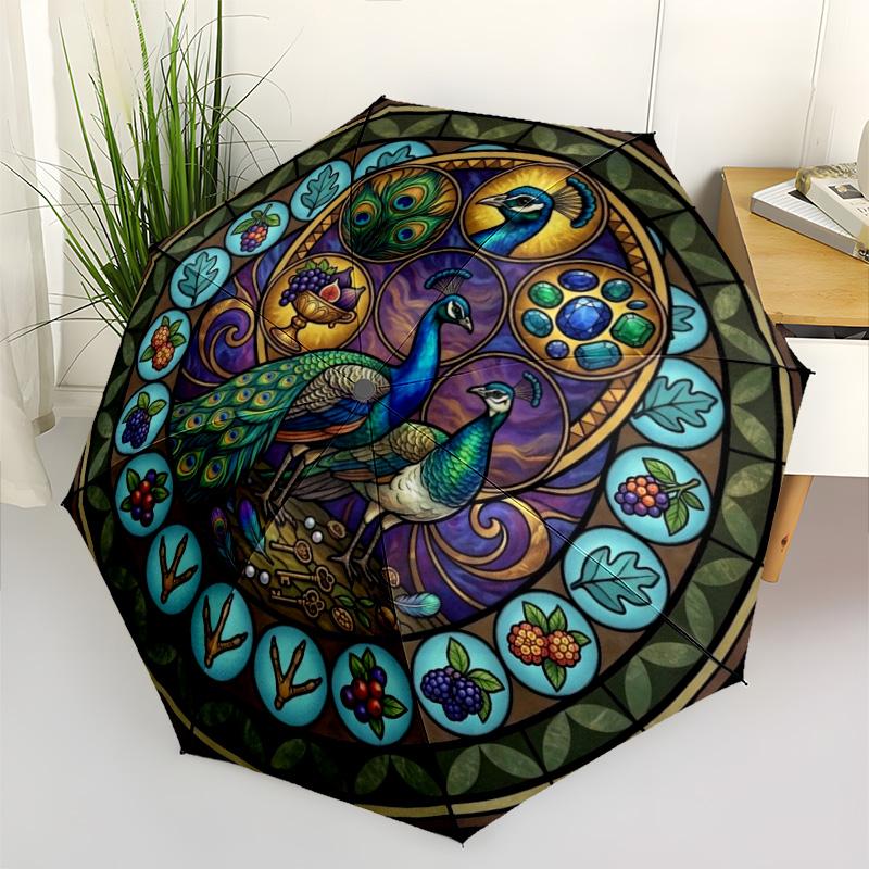 Peacock Glass Art pattern umbrella, portable and foldable design, 8 ribs, a casual accessory for Halloween, Christmas, and birthday gifts.