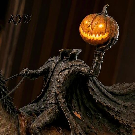 Sleepy Hollow Knight Ornament Headless Horseman Statue with LED Pumpkin Light, Resin Halloween Dark Retro Tabletop Figure Figurine, Horror Sculpture