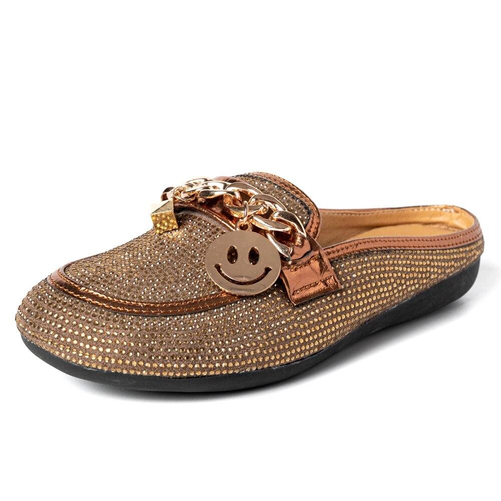 Модные блестящие шлепанцы-мулы с кристаллами, женская обувь, женские туфли-мулы, элегантная обувь на круглом низком каблуке, женские тапочки, повседневная обувь