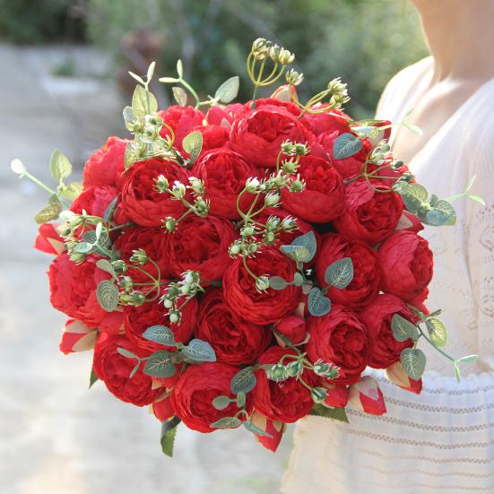 Искусственные Пионы Цветы с 5 Головками Цветов и 4 Бутонами Букет из Искусственных Пионов Цветочная Композиция для Вазы Дома Декор Богемная Свадьба Центральный Элемент Стола