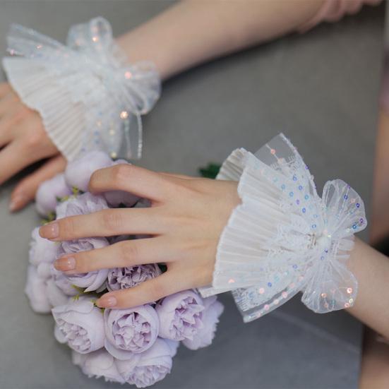 White Lace Wrist Cuffs for Women Short Sequined Tulle Fingerless Gloves Elastic Ruffle Wristband