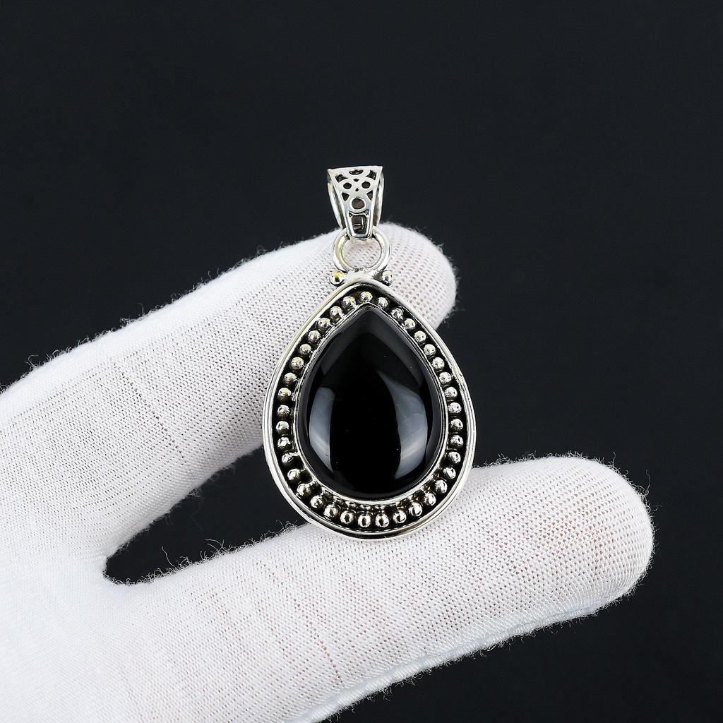 Драгоценный камень черный оникс, подвеска из стерлингового серебра 925 пробы ручной работы, натуральный черный камень оникс, подвеска из драгоценного камня черного оникса для подарков