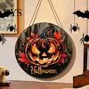 Autumn Atmosphere Hanging Ornament Halloween Wooden Door Hanger Sign, Flame Pumpkin Maple Leaf Printed Round Plaque, Hemp Rope Decor Waterproof