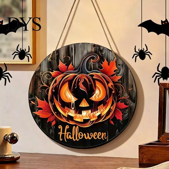 Autumn Atmosphere Hanging Ornament Halloween Wooden Door Hanger Sign, Flame Pumpkin Maple Leaf Printed Round Plaque, Hemp Rope Decor Waterproof
