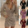 Long Sleeve Party Dress Women's Sexy Silver Sequined Dress Deep V Neck Sequined Mini Skinny Dress