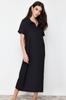Women's Fashion Black Polo Neck Short Sleeve Midi Twist Textured Knitted Dress
