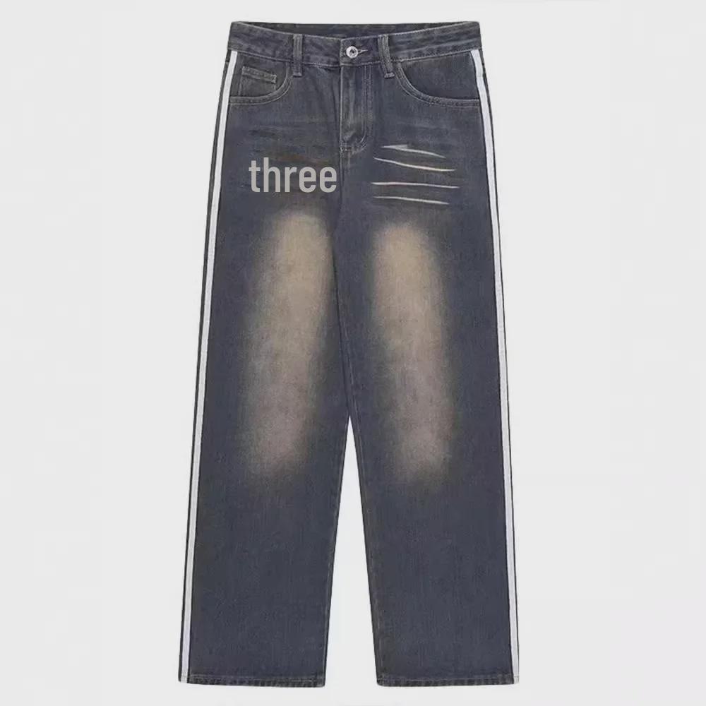 Женские джинсы широкого кроя с тремя полосками и потертостями – весенний американский уличный стиль, свободный крой, стираные, повседневные брюки.