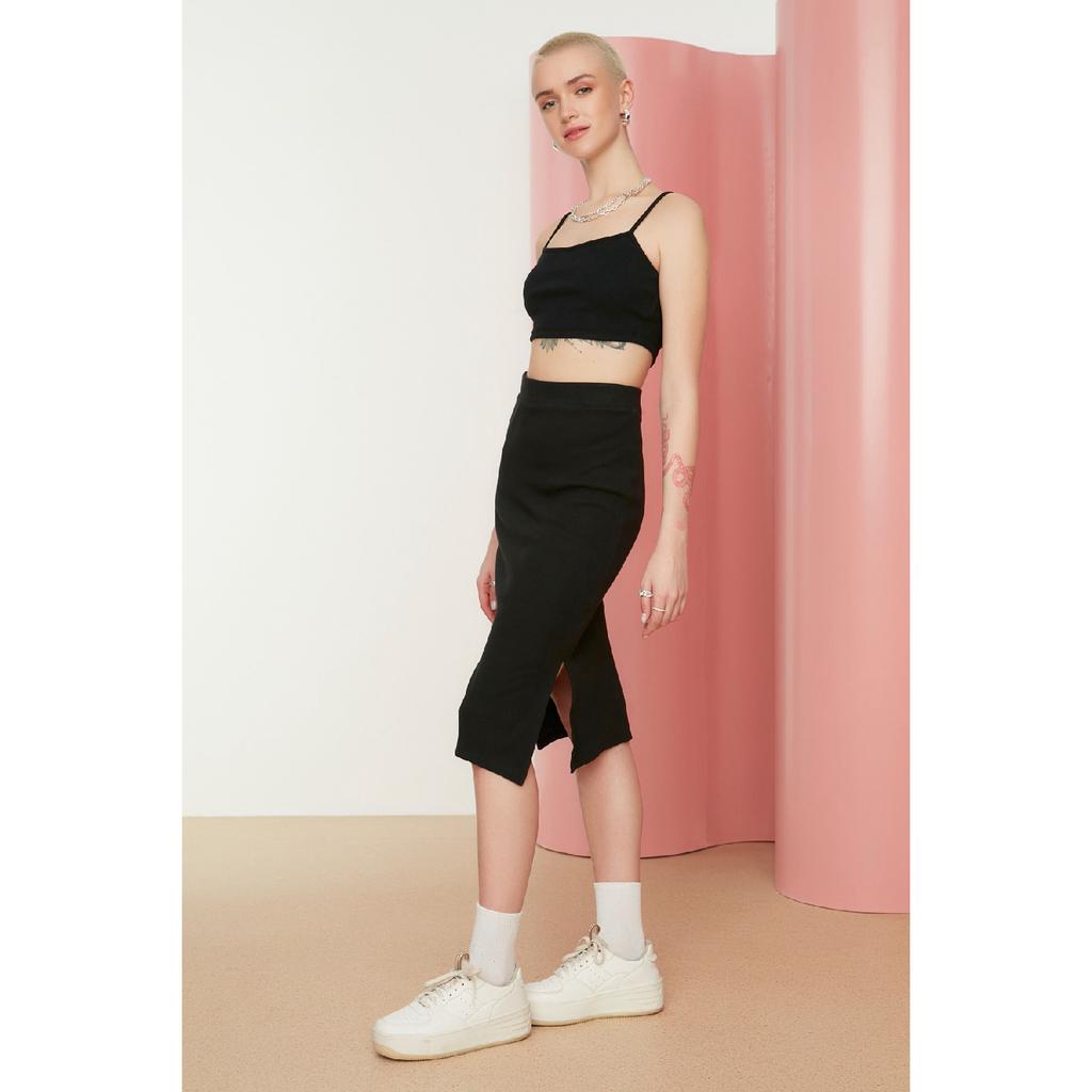 Black Slit Detailed Fitted High Waist Ribbed Stretch Midi Knitted Skirt Twoss22et0250