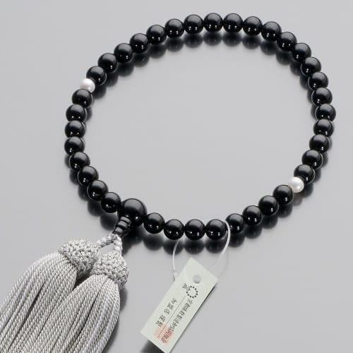 Buddhist Altar Shop Takita Shoten Buddhist Prayer Beads for Women, Black Onyx and Two-Ten Freshwater Pearl, 7mm Beads, Silk Tassel with Head, Prayer B