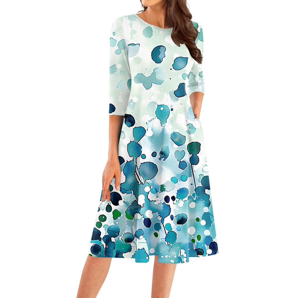 Women's Casual Fashion Round Neck Three Quarter Sleeve Print Midi Dress