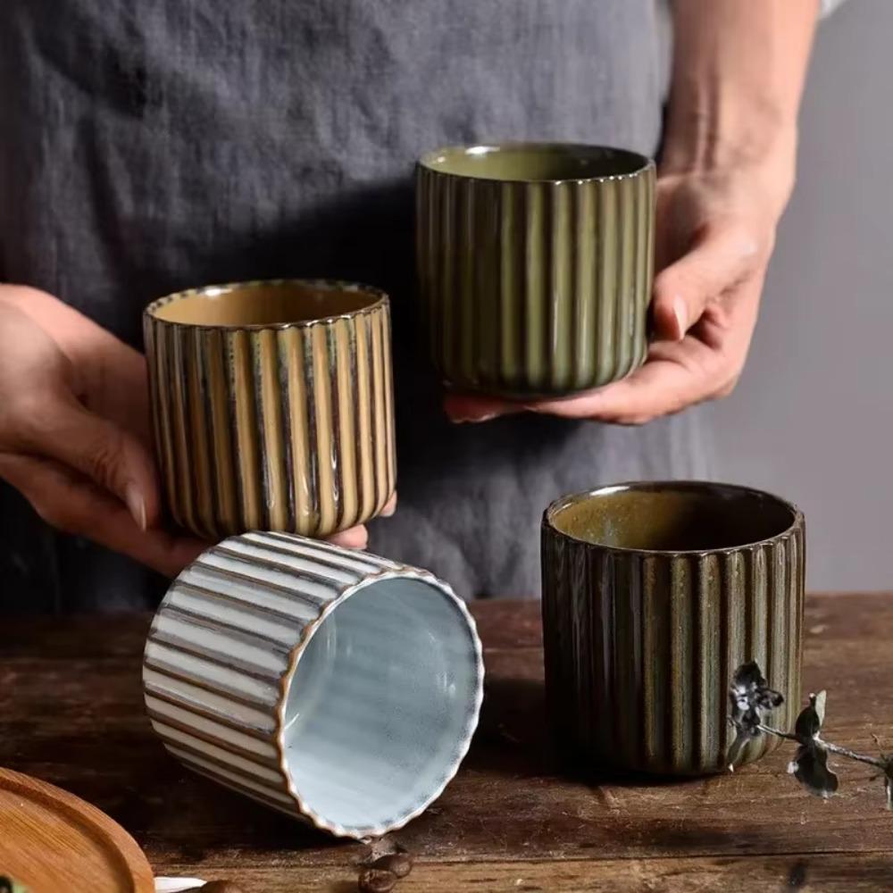 Vertical Striped Japanese Style Ceramic Tea Cup Kiln-Changed Glaze Coffee Mug Sushi Restaurant