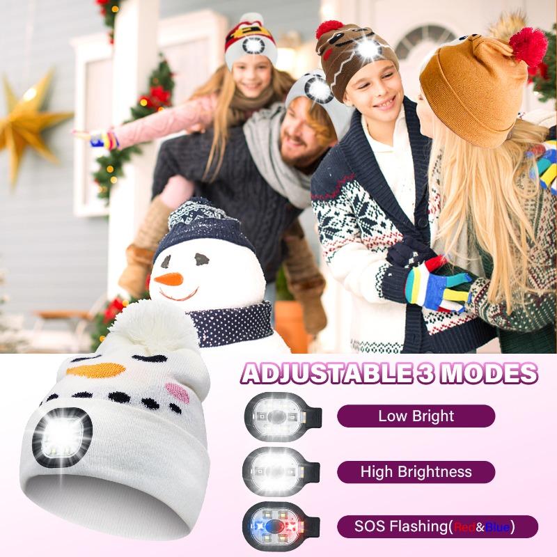 Kids LED Hat USB Rechargeable Headlamp Hat with LED Bracelet Winter Warm Knitted Night Light Hat Suitable for Camping Running Walking