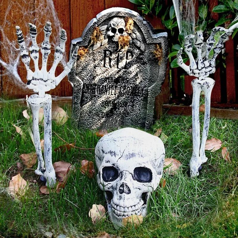 Realistic Skeleton Stakes with Crow and Red Eyes Zombie Hands and Skull Set for Graveyard Yard Lawn Garden Decoration
