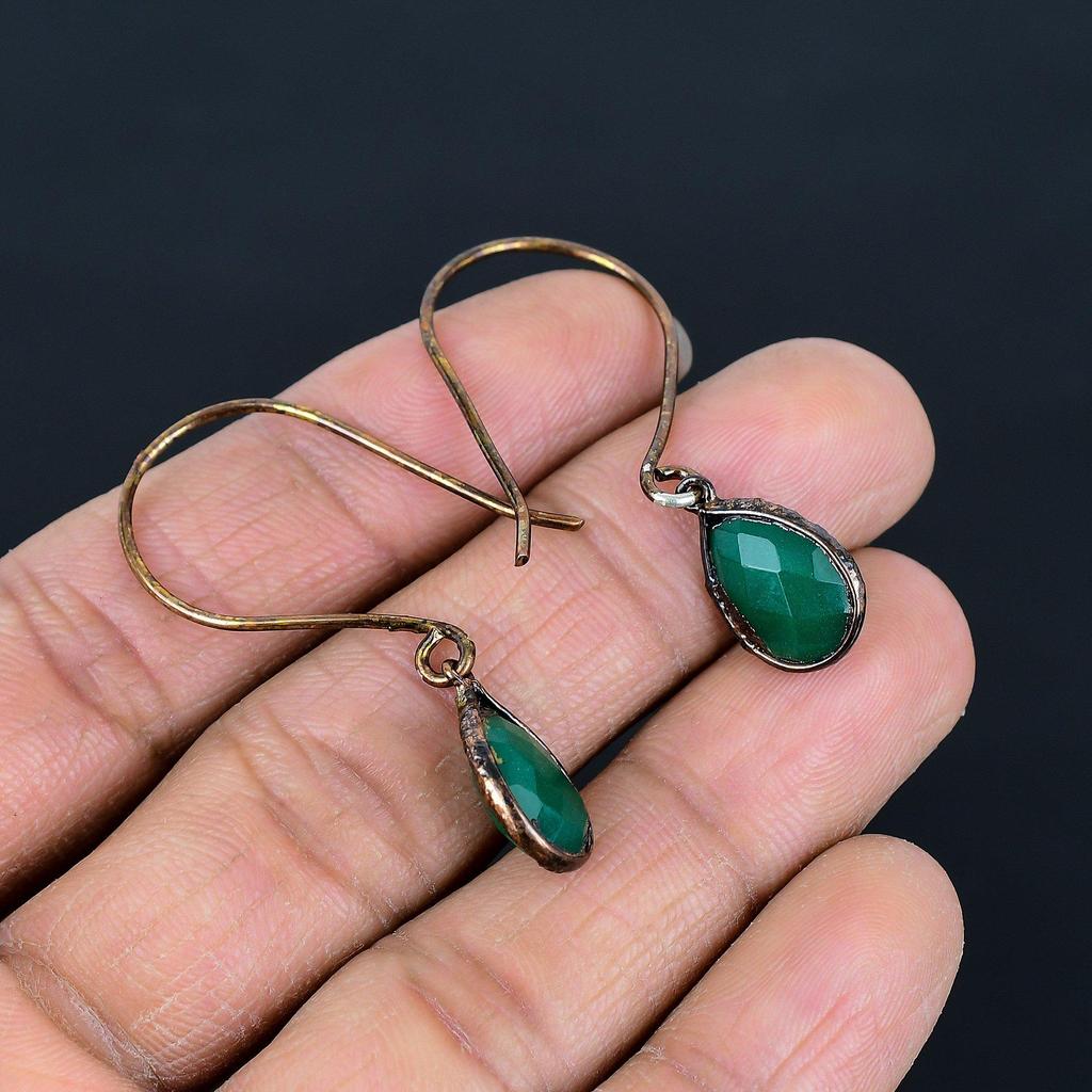 Серьги из зеленого оникса, Ювелирные изделия с медным гальваническим покрытием, Подарок для женщин, Серьги ручной работы, Ювелирные изделия с драгоценными камнями