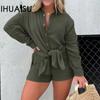 Женская рубашка из мятой ткани с длинным рукавом и шортами с высокой талией, модный повседневный комплект из двух предметов