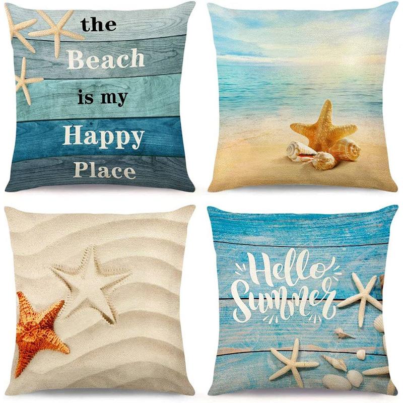 Summer Hot Style Ocean Style Pillow Beach Shell Pattern Blue Pillow Case Home Sofa Pillow Case Cushion Cover