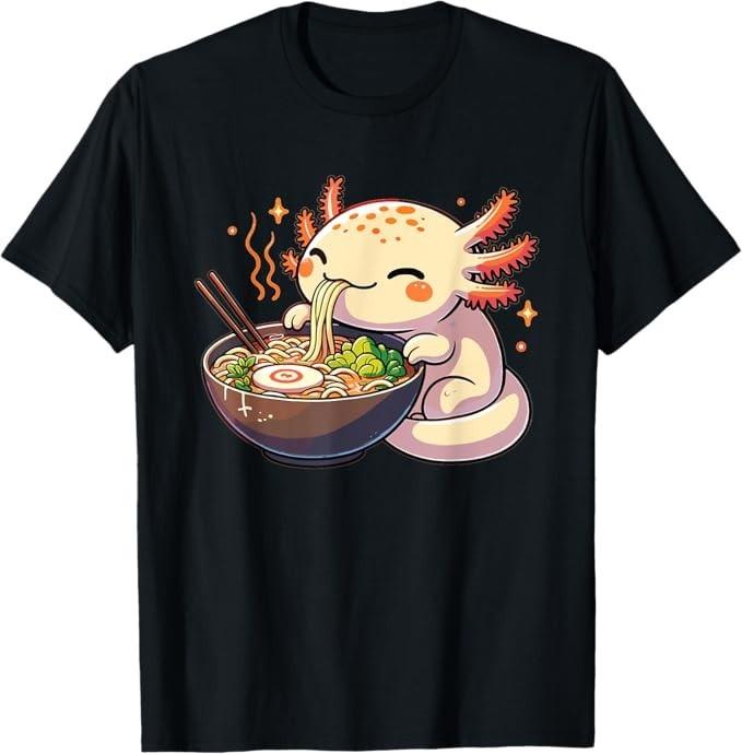 Cute Axolotl Eats Ramen Noodles Axolotls Ramen T-Shirt Mens Womens Tees Top