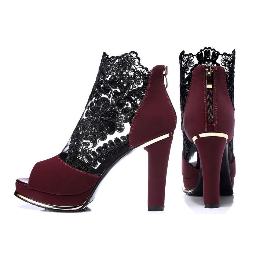 Босоножки с сетчатым грубым каблуком и кружевом «рыбий рот»