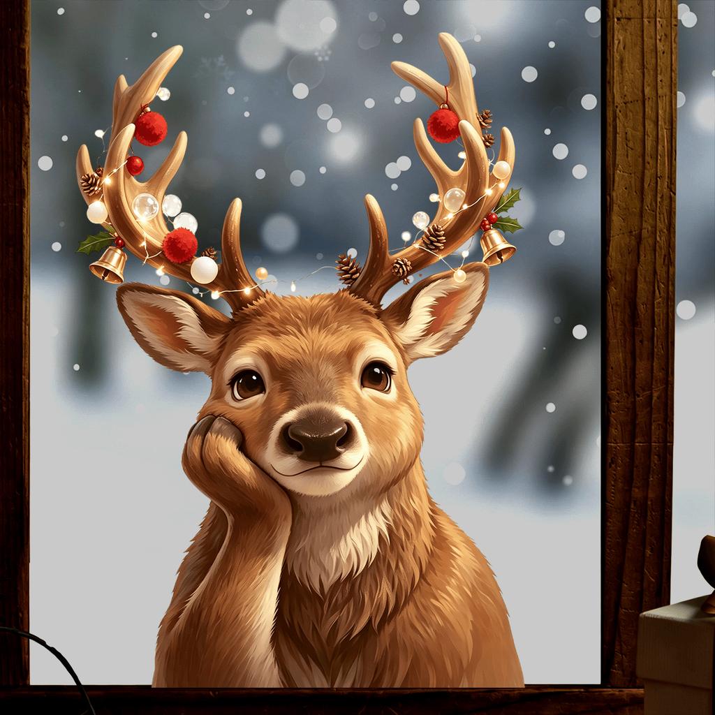 Cute Resting Reindeer Christmas Static Window Clings, Glue‑Free Removable Elk Glass Stickers for Xmas Home Shop Window Decor