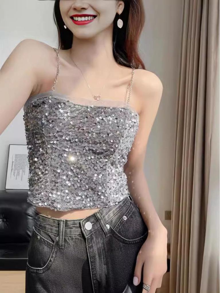 Slim Sequin Bandeau Tank Top - Summer Fashion