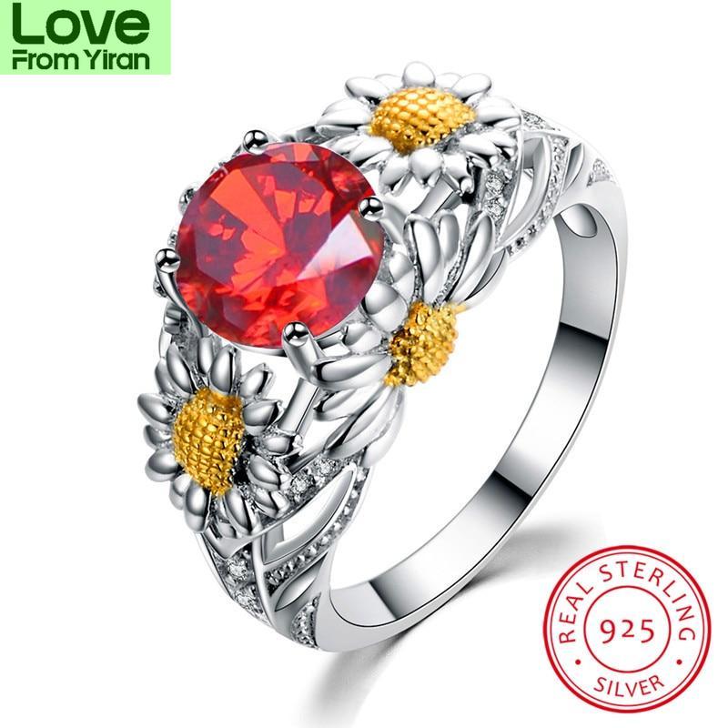 Cute Plant Daisy Ring 925 Sterling Silver Rings For Women White Yellow Topaz Red Ruby Stone Wedding Bands Zircon Engagement Ring