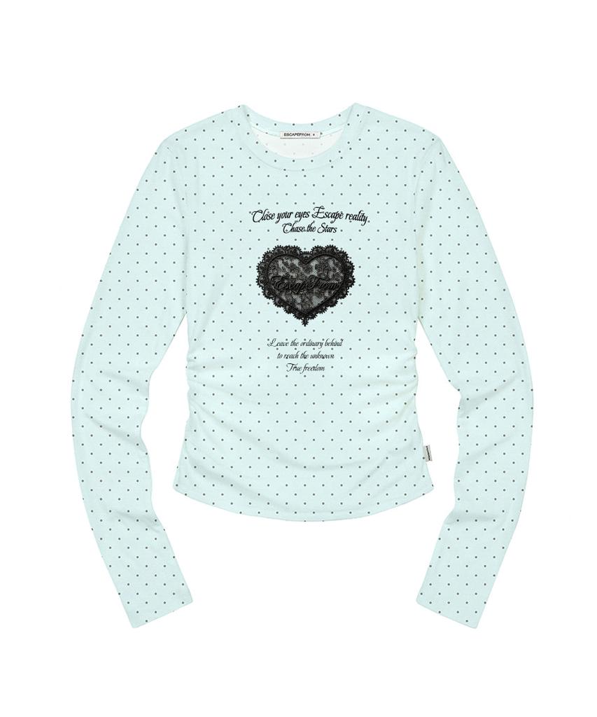ESCAPEFROM Fake Lace Patch Print Dot Slim Fit Shirred Long Sleeve Ivory