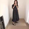 Women's Retro Floral Loose Slimming Black Crew Neck Short Sleeve Long Dress