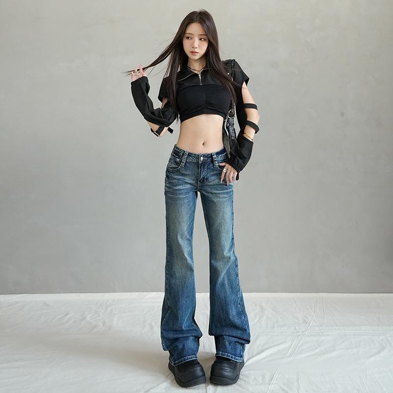 American micro-pull jeans women's autumn and winter new Spice Girl low-rise elastic and thin versatile horseshoe horn pants