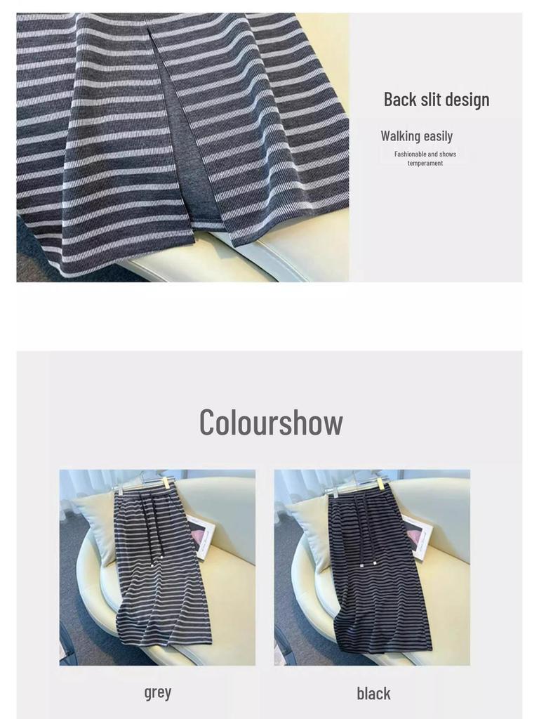 Женская полосатая трикотажная миди-юбка А-силуэта с разрезом - Весна/Осень 2025 Корейский стиль