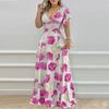 Summer new European, American, fashion temperament party printed V-neck waist slim-fitting long dress