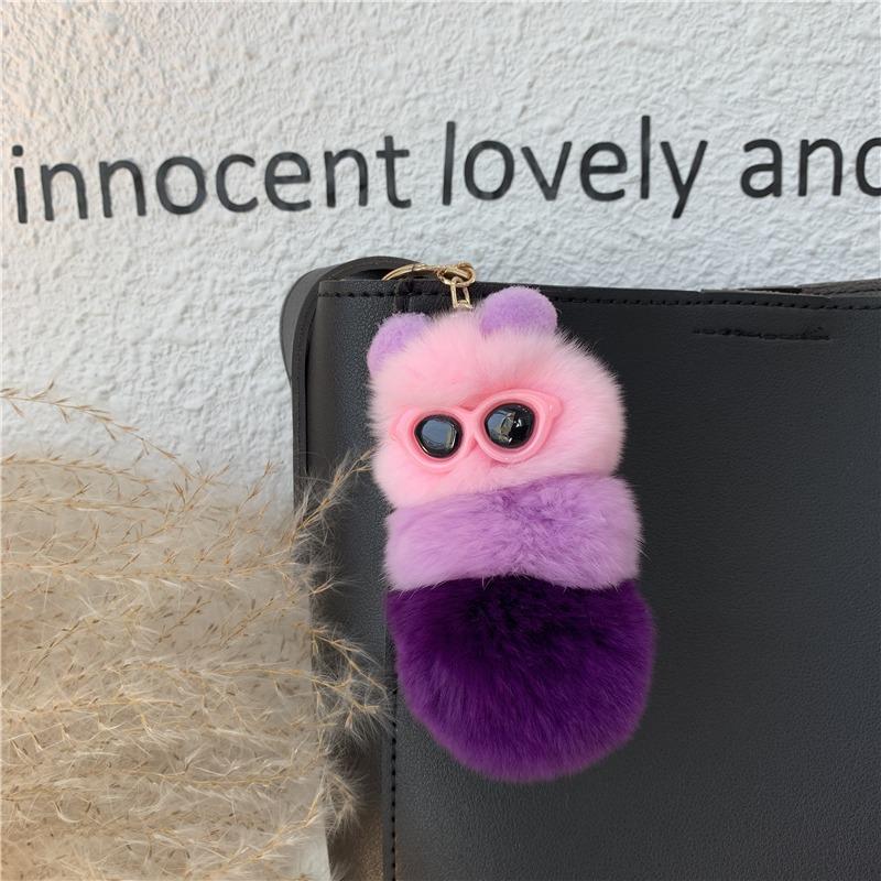 Bag Charm Cute Colorful Plush Caterpillars With Sunglasses Soft Rabbit Fur Animal Pompom Pendant With For Women