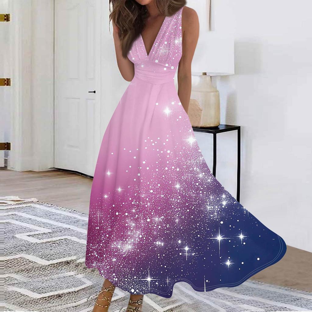 Женские модные повседневные свободные платья с V-образным вырезом без рукавов с принтом