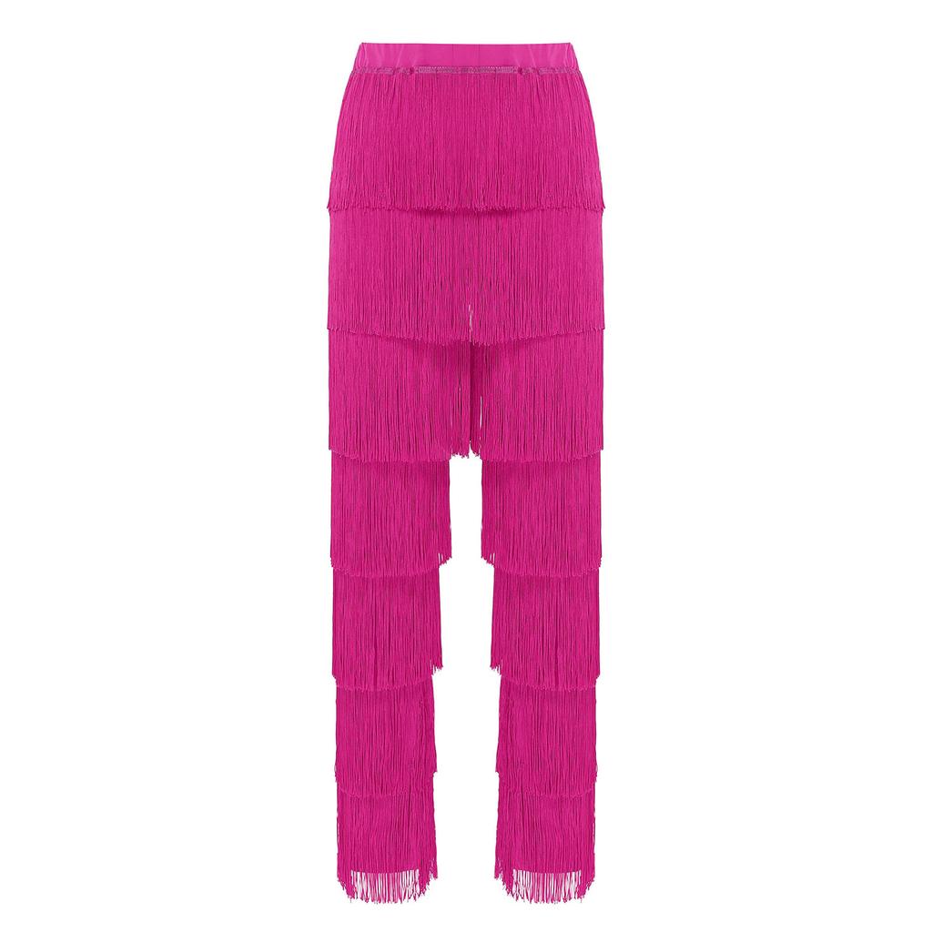 Womens Latin Dance Fringe Pants Elastic Waistband Contrast Color Tassel Trousers Cha Cha Tango Rumba