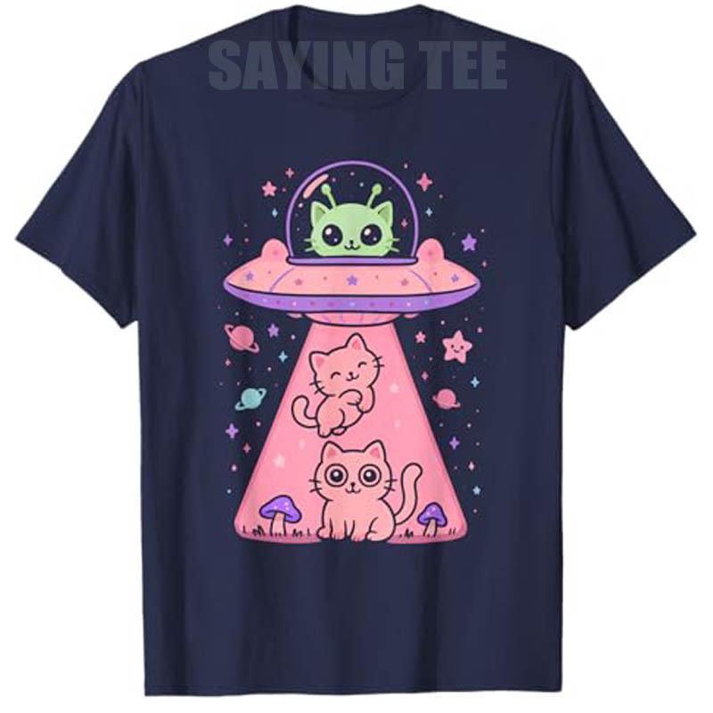 Cat UFO Cute Funny Kitty Kawaii Space Pink Spaceship Alien T-Shirt Humor Cartoon Kitten Y2k Graphic Outfit Novelty Gift Tee Tops