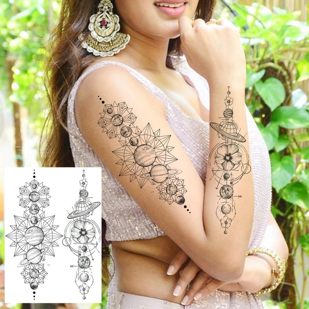 6 Sheets Black Space Temporary Tattoos For Adults Geometric Planets Fake Tattoo Universe Astronaut Galaxy Tatoos For Women Men