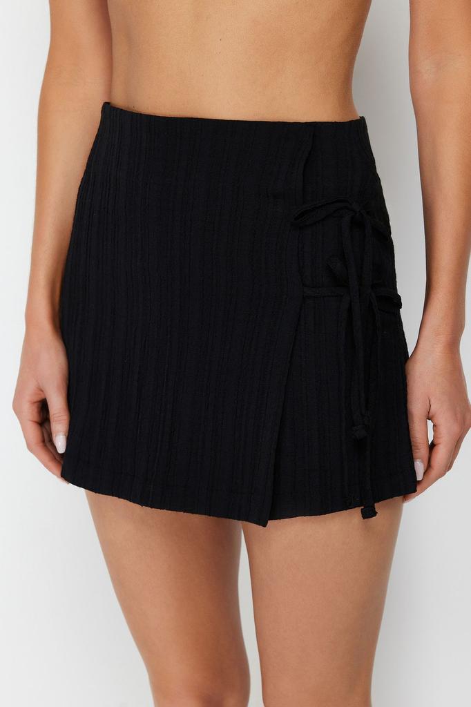 Women's Fashion Black Woven Tied Linen Blend Short Skirt