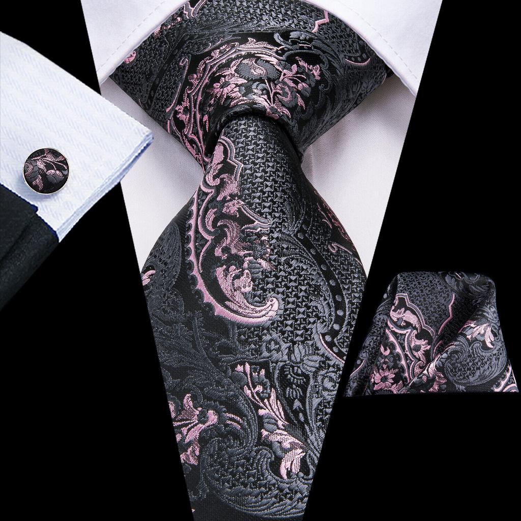 Hi-Tie Fashion Mens Wine-Red Paisley Necktie Hanky Cufflinks for Business Wedding
