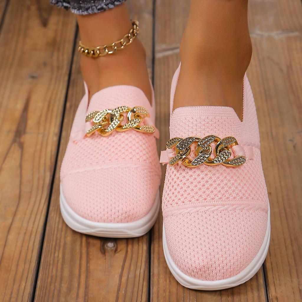 Fashion Women Pink Casual Shoes Breathable Mesh Shoes Woman Lightweight Chain Shallow Ladies Wedge Heels Shoes Spring Autumn Loafers