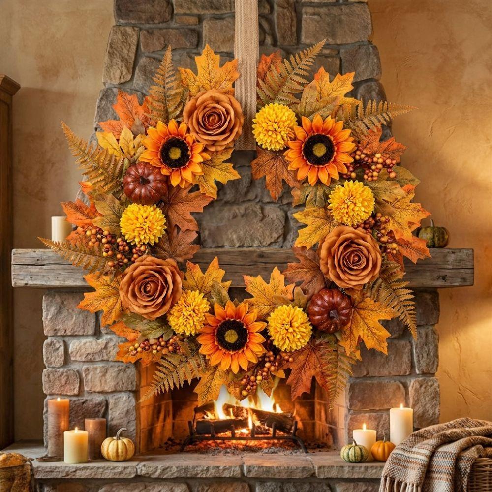 Autumn Maple Leaf Halloween Pumpkin Maple Leaf Wreath Artificial Wreath Tabletop Outdoor