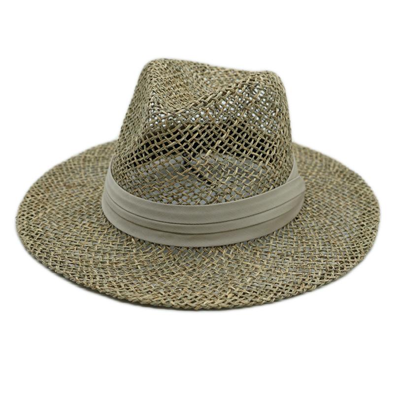 French Retro Salty Grass Seaweed Woven Jazz Top Hat Men'S And Women'S Vacation Beach Outing Straw Hat Wide Brim Sun Protection