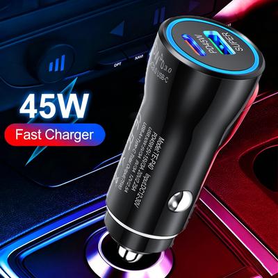 Автомобильное зарядное устройство QC3.0 45 Вт, двойной порт USB Type-C, быстрая зарядка, автомобильный адаптер питания, универсальный для телефона Samsung, для серии iPhone и т. д.