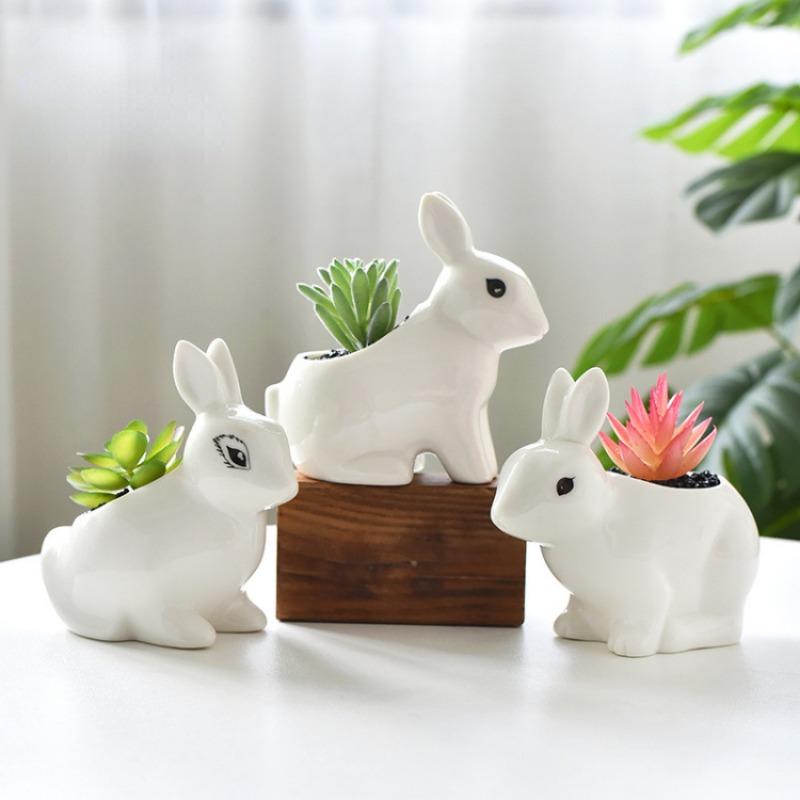 Creative Cute Flower Pots White Porcelain Pots Rabbit Flower Pots Succulent Pots Plant Pot Hanging Planter Home Decoration