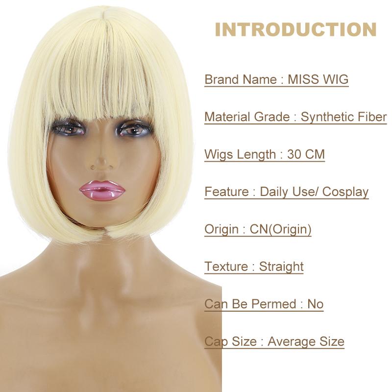 MISS WIG Женская мода Косплей Короткий прямой парик Боб с челкой Зеленый Розовый Красное вино Хэллоуин Синтетический парик Длина плеч