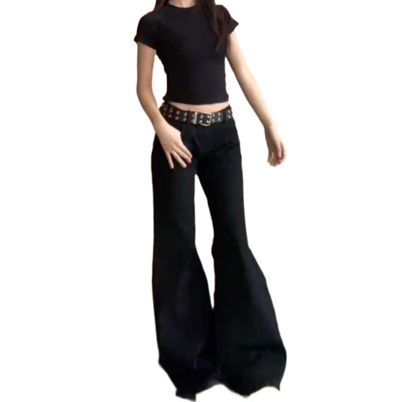 Женские черные джинсы с заниженной талией и широкими штанинами, расклешенные — большой размер, свободный крой, весна и осень