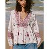 Spring and Summer New Women's Clothing French Style Laminated Decoration Su Sui Decoration Printed V-neck Long Sleeve Shirt Top 5029081
