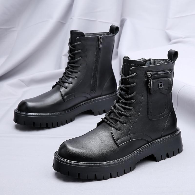 High Quality Men White Boots 2024 Fashion Zip Design Men's Leather Boot Anti-slip Lace-up Man Platform Boots Botas Para Hombre