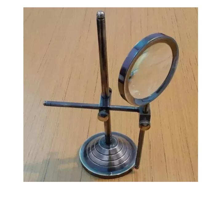 Nautical Antique Brass Magnifying Glass Adjustable Magnifier In Wooden Base Desk