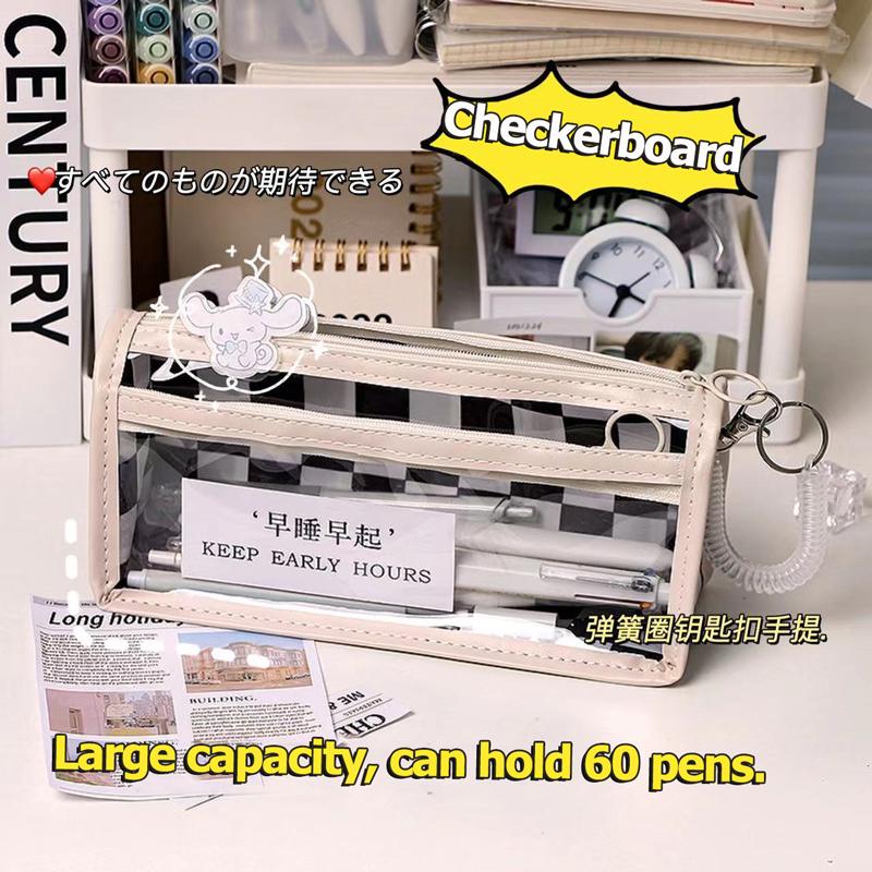 1 Pc Checkerboard Tranaparent Pen Bag Large Capacity Pencil Case School Supplies Cute Korean Stationery for Students ZPG
