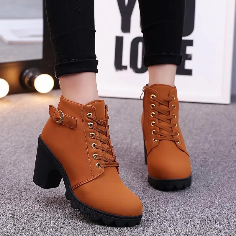 Fashion Spring Winter Women Pumps Boots High Quality Lace-up European Ladies Shoes PU High Heels Boots Fast Delivery