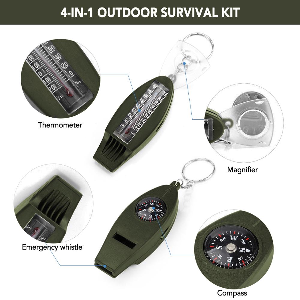 Multifunction 4 in 1 Safety Whistle Compass Thermometer Magnifier with Keychain Outdoor Travel Emergency Survival Kits